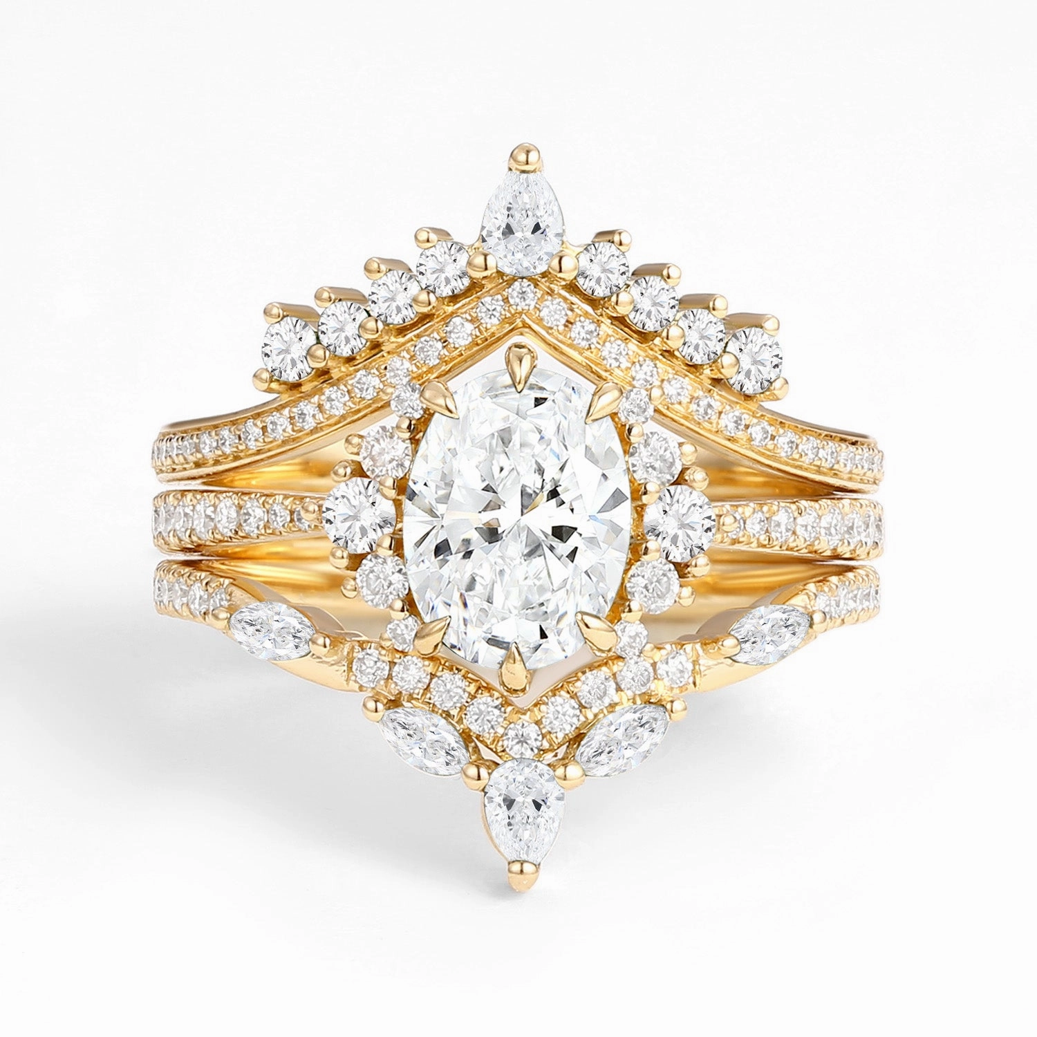 Elegant Finish Eye-Catching Detail Unique Oval Cut Moissanite Halo Engagement Ring Set 3pcs