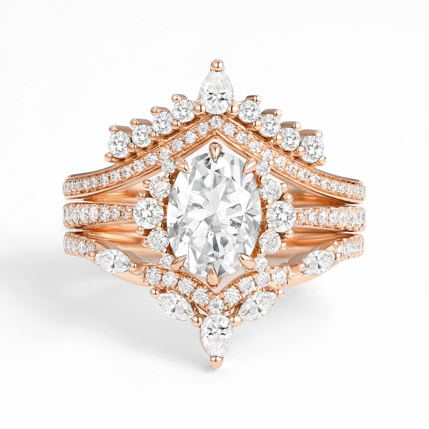 Unique Oval Cut Moissanite Halo Engagement Ring Set 3pcs Precious Shine