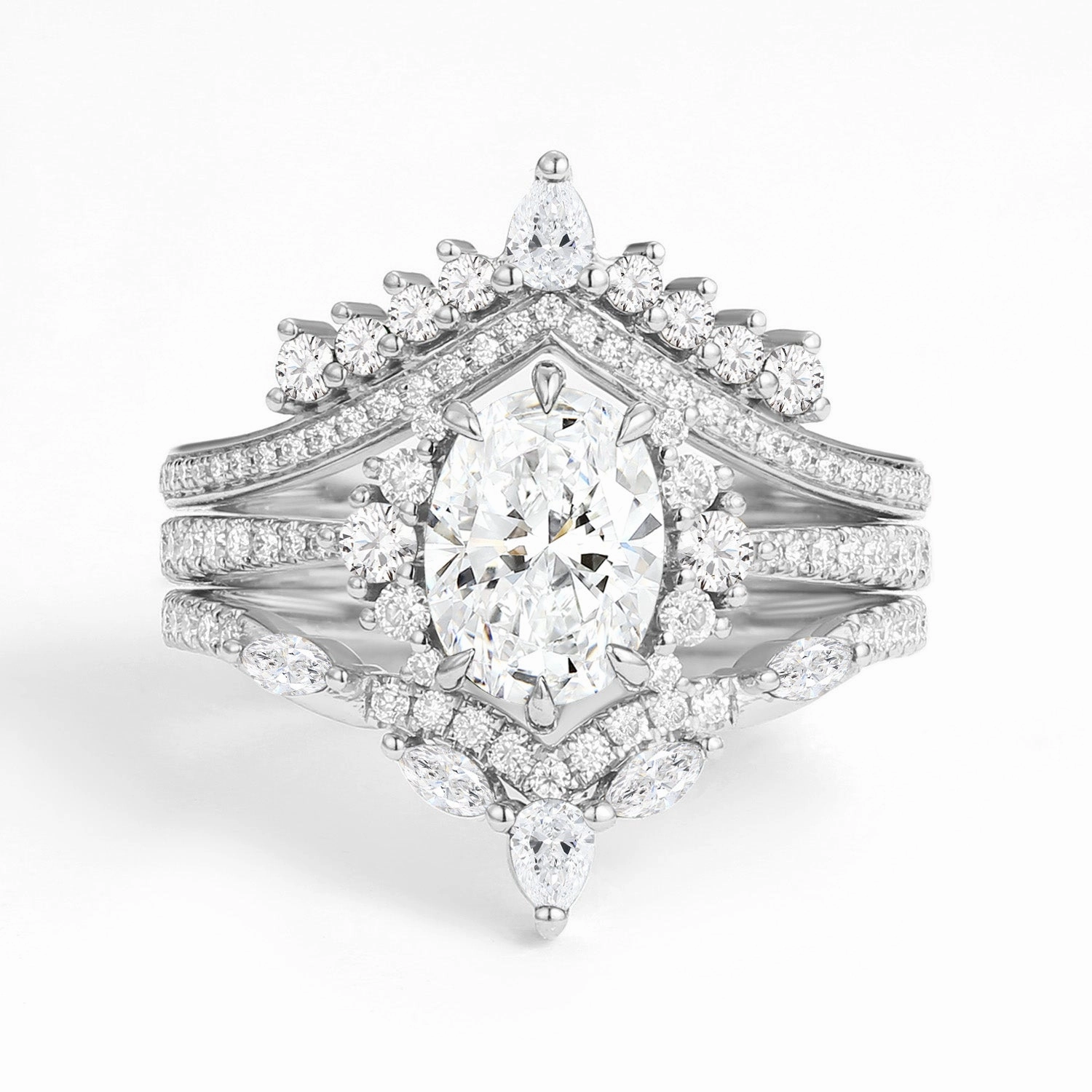 Chic piece Unique Oval Cut Moissanite Halo Engagement Ring Set 3pcs