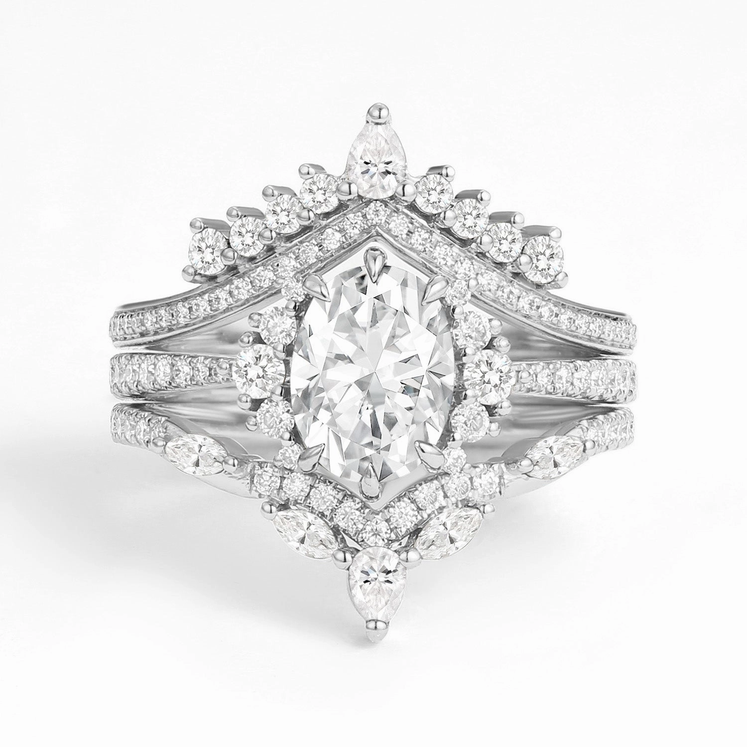 Gentle Look Refined Contour Unique Oval Cut Moissanite Halo Engagement Ring Set 3pcs