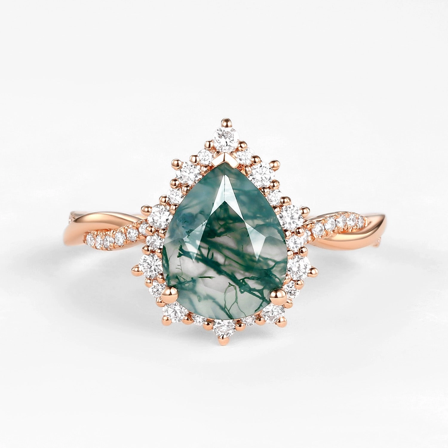 Fashion Piece Utilitarian Design Unique Pear Shaped Moss Agate Infinity Engagement Ring