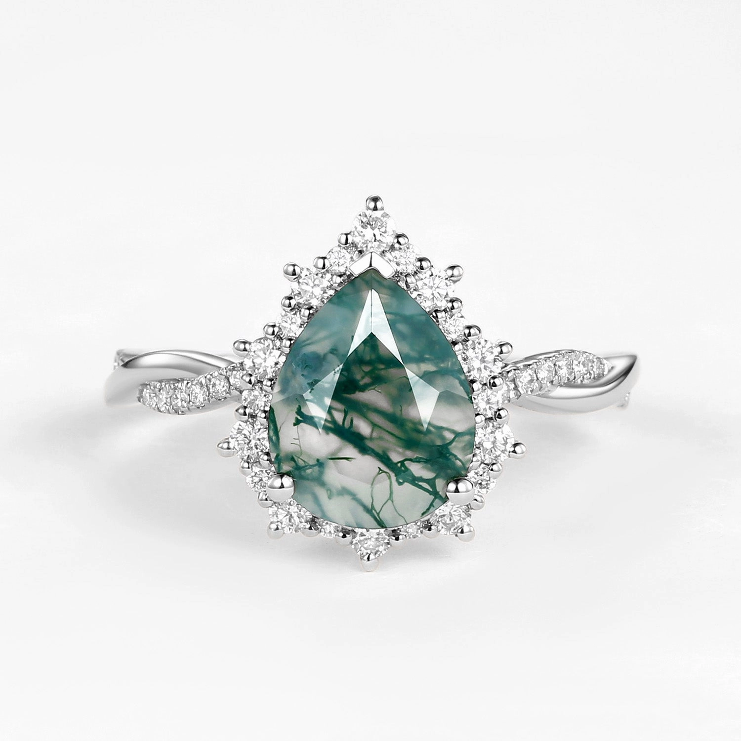 Unique Pear Shaped Moss Agate Infinity Engagement Ring Brilliant Sparkle