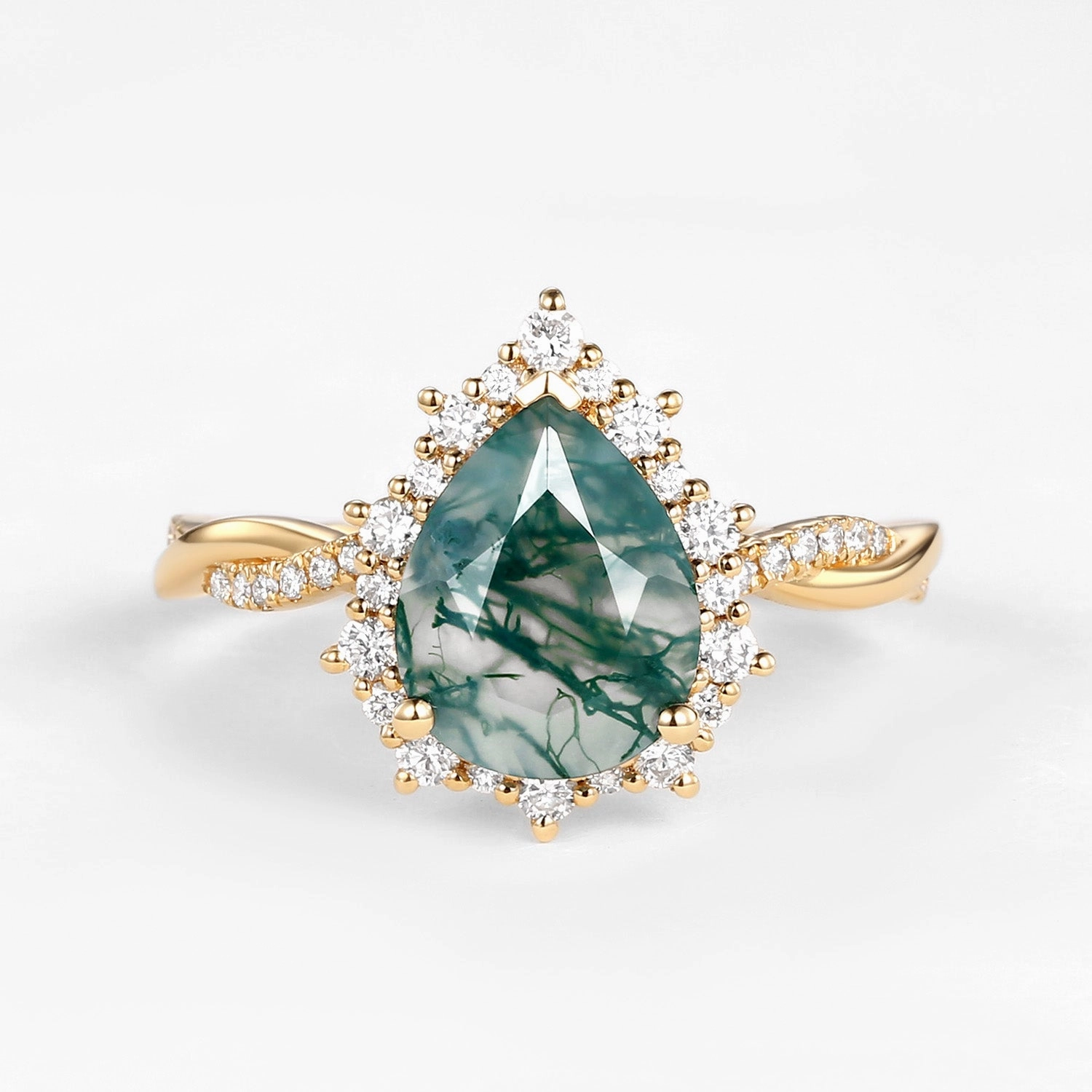 Iconic Feature Unique Pear Shaped Moss Agate Infinity Engagement Ring