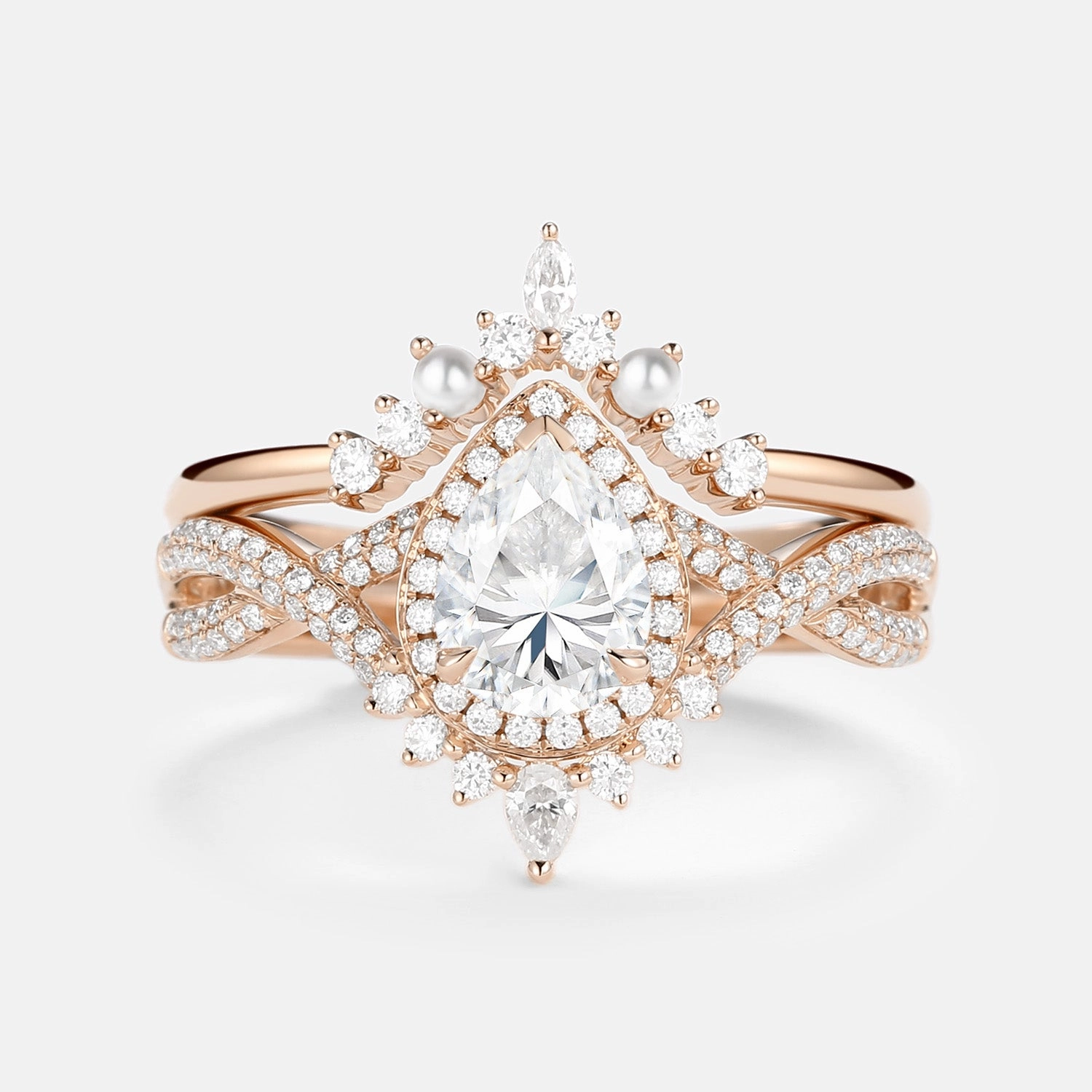 Fresh Appeal 1.5ct Pear Moissanite & Pearl Halo Infinity Ring Set 2pcs