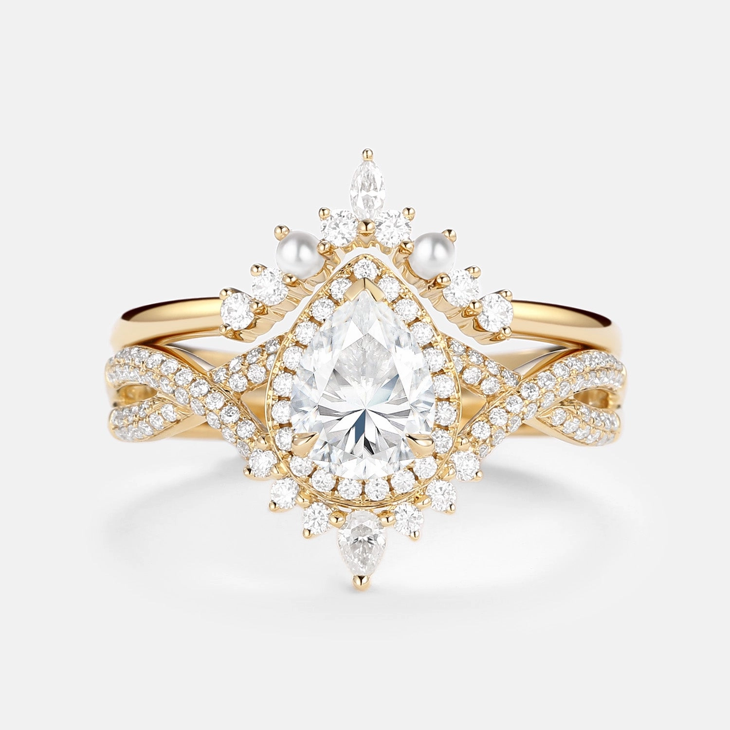 1.5ct Pear Moissanite & Pearl Halo Infinity Ring Set 2pcs Custom Craft Collectible Jewelry