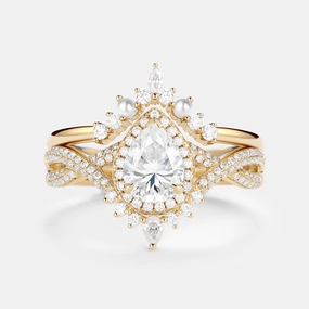1.5ct Pear Moissanite & Pearl Halo Infinity Ring Set 2pcs Sunlight Shine