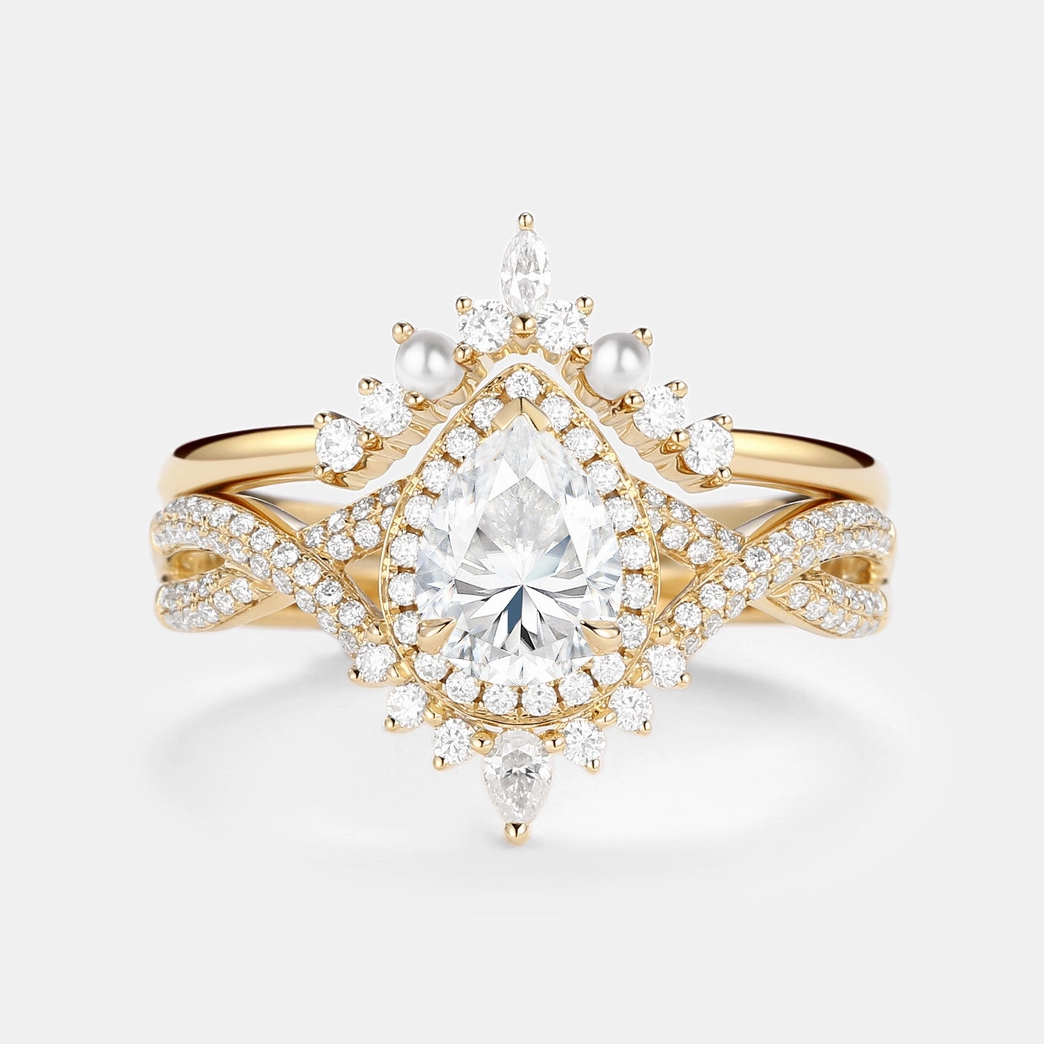 1.5ct Pear Moissanite & Pearl Halo Infinity Ring Set 2pcs Sunlight Shine
