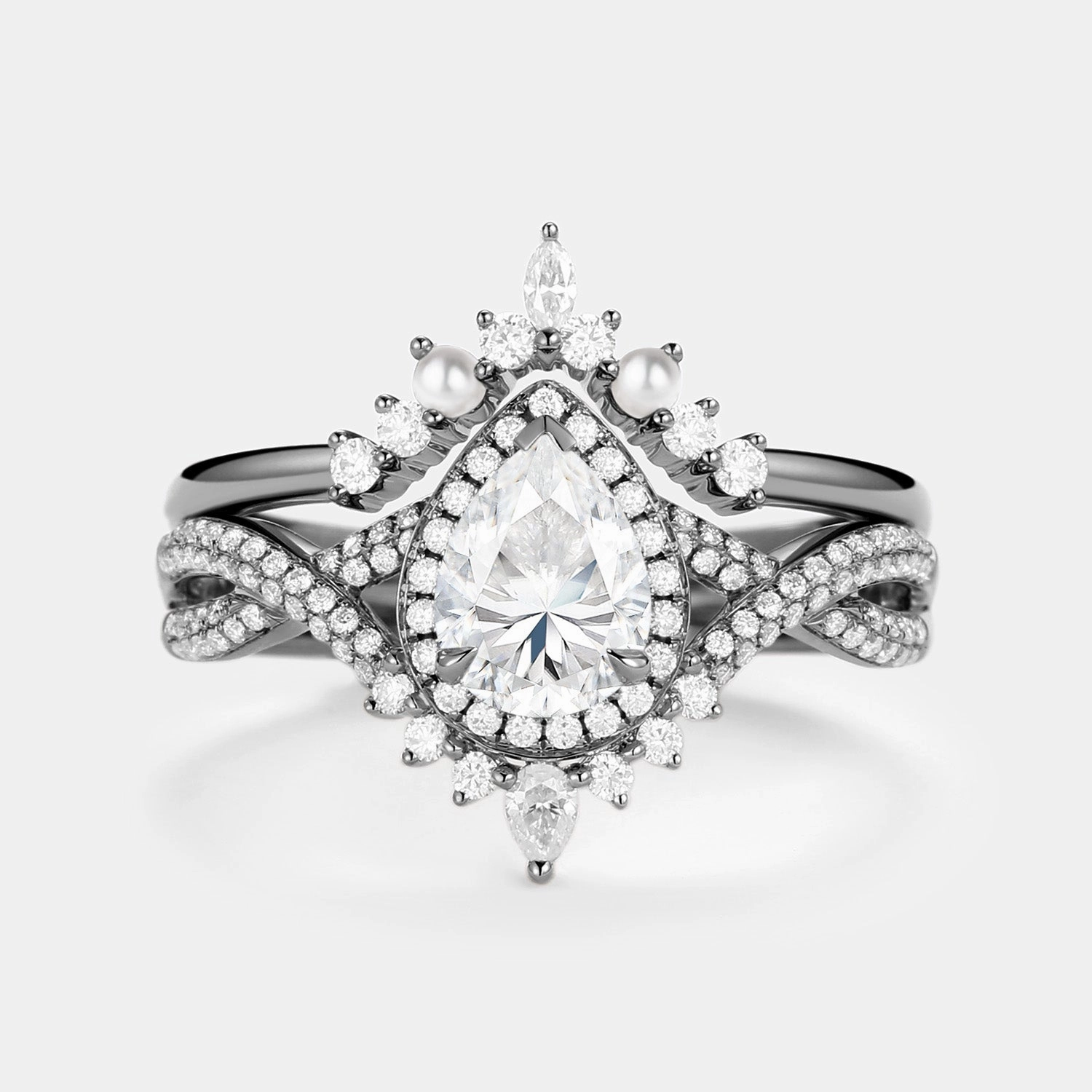 1.5ct Pear Moissanite & Pearl Halo Infinity Ring Set 2pcs Formal Event