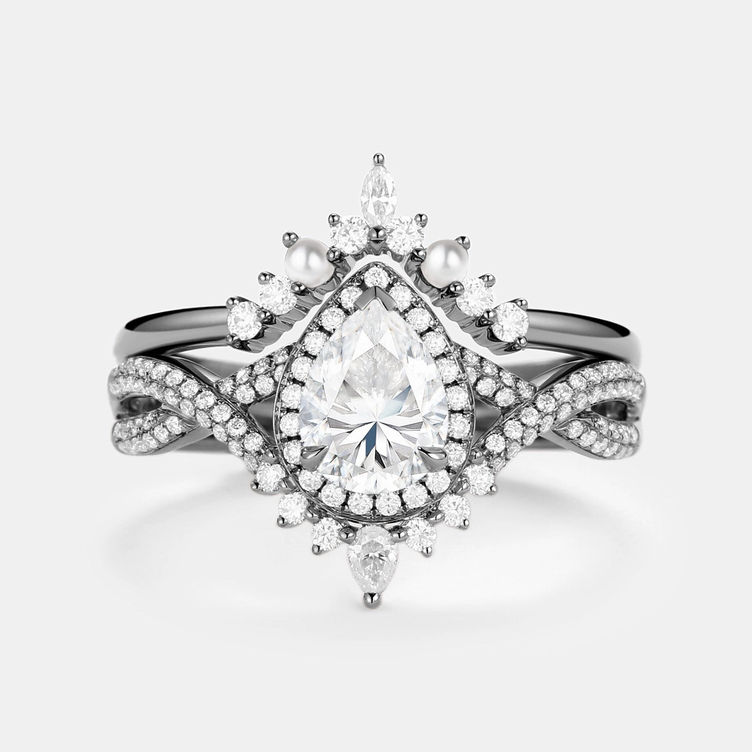 1.5ct Pear Moissanite & Pearl Halo Infinity Ring Set 2pcs Texture Play