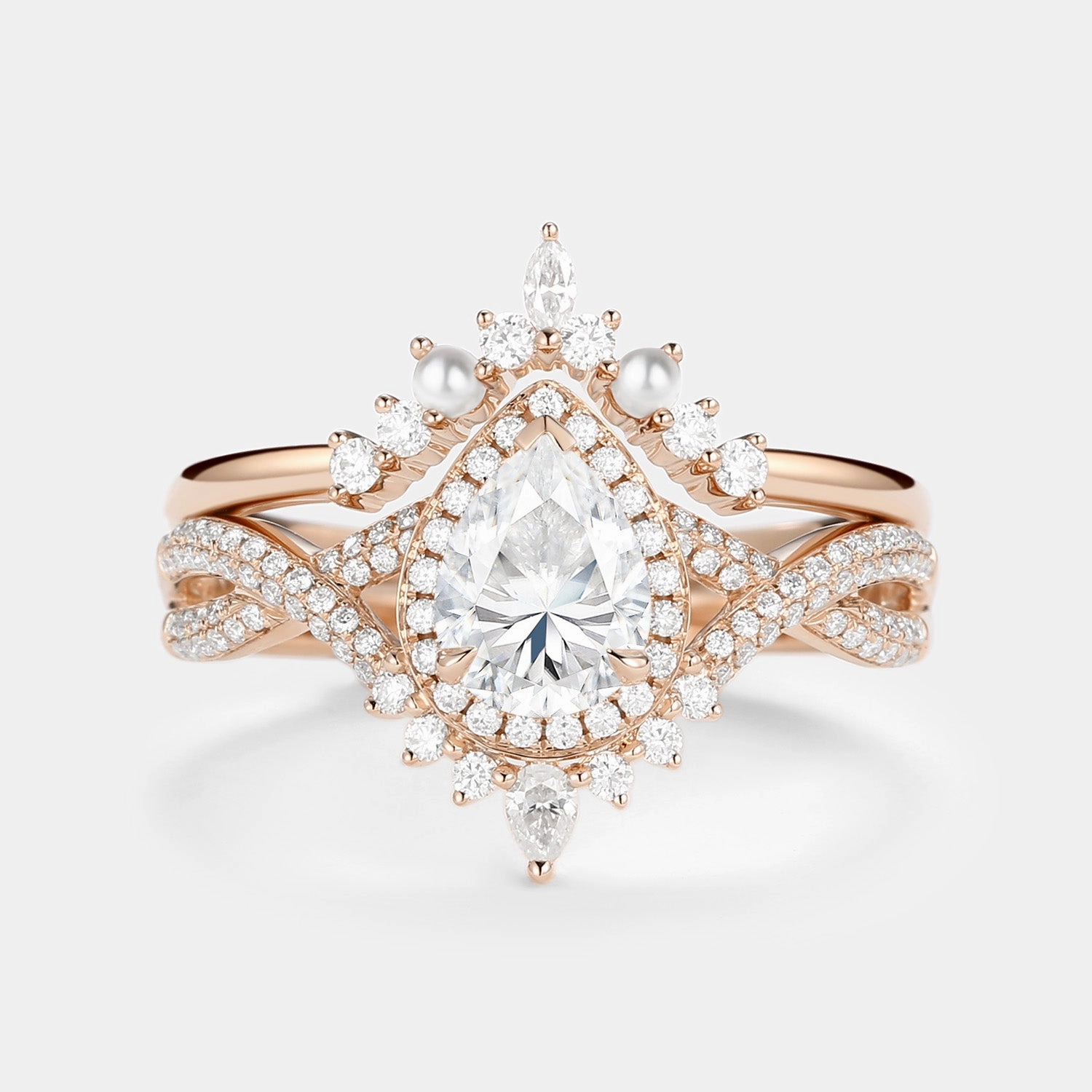 Cozy Layers Dazzling Feature 1.5ct Pear Moissanite & Pearl Halo Infinity Ring Set 2pcs