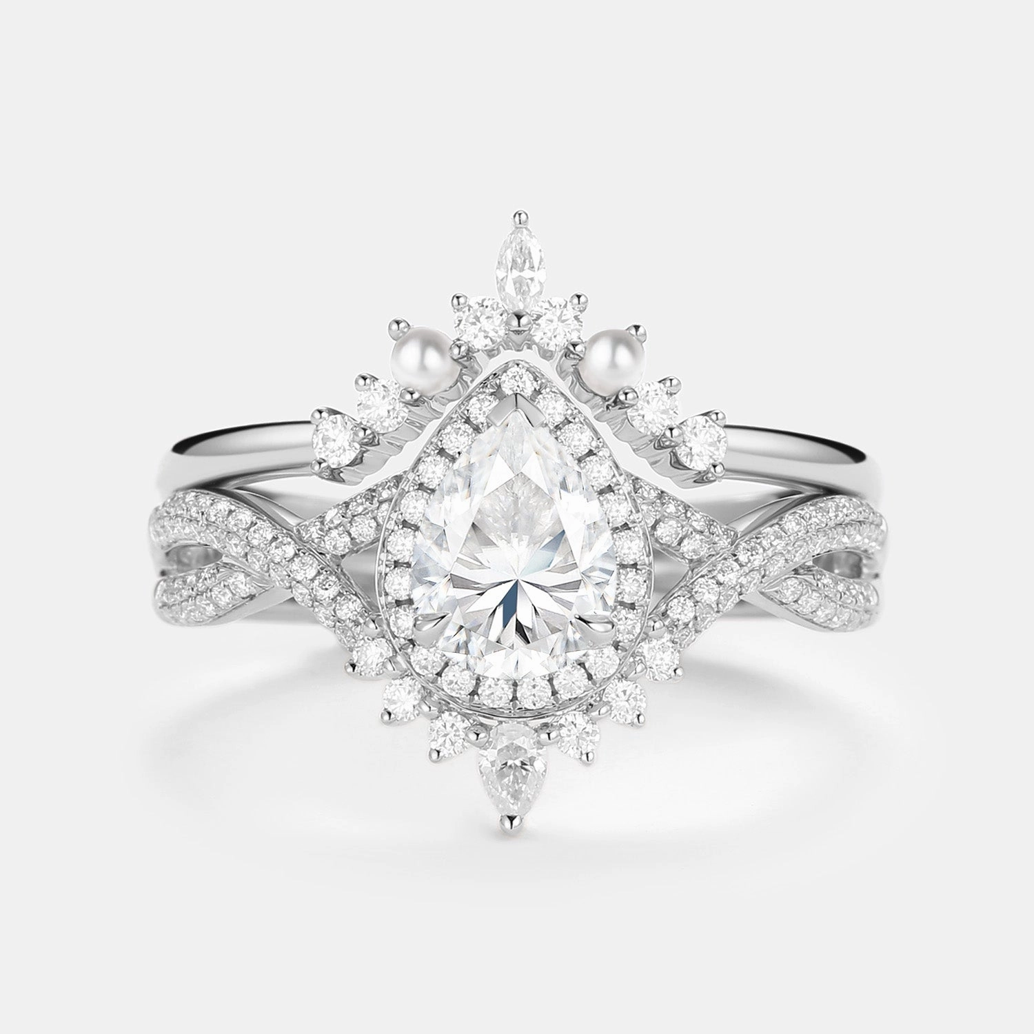 1.5ct Pear Moissanite & Pearl Halo Infinity Ring Set 2pcs Fashion Shine Custom Shine
