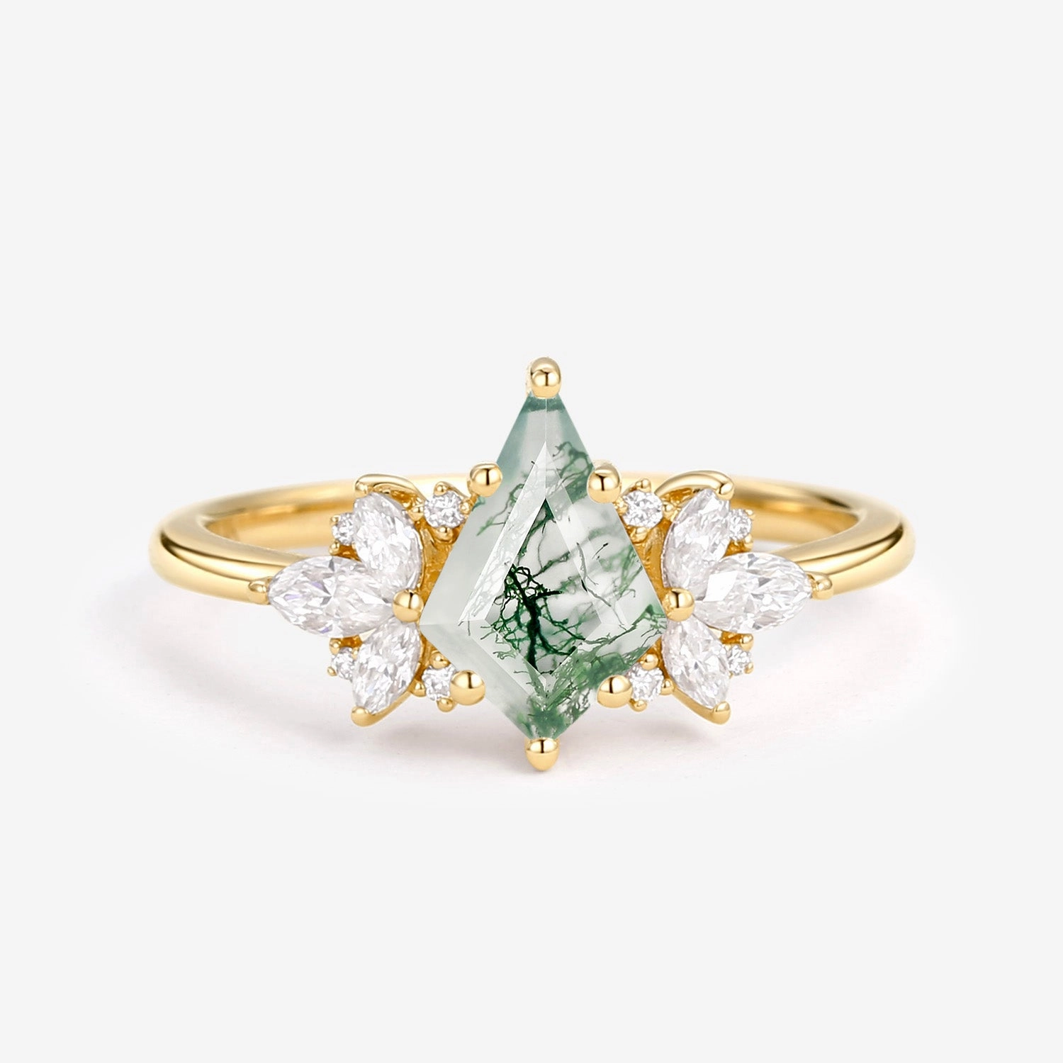 Unique Rose Gold Moss Agate Kite Cut Engagement Ring - Morpho Ensemble Piece