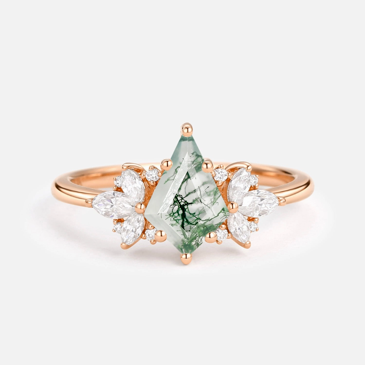 Unique Rose Gold Moss Agate Kite Cut Engagement Ring - Morpho Top Pick Night Mood