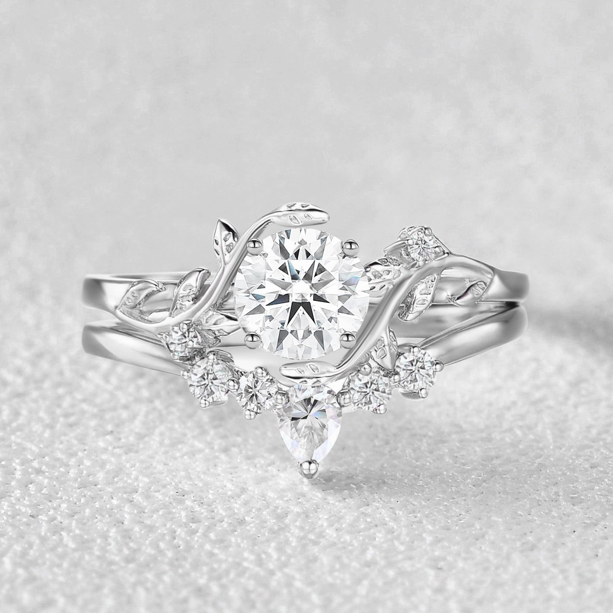 Unique Round Cut Moss Agate Leafy Bridal Ring Sets 2pcs - Willow Dazzling Finish