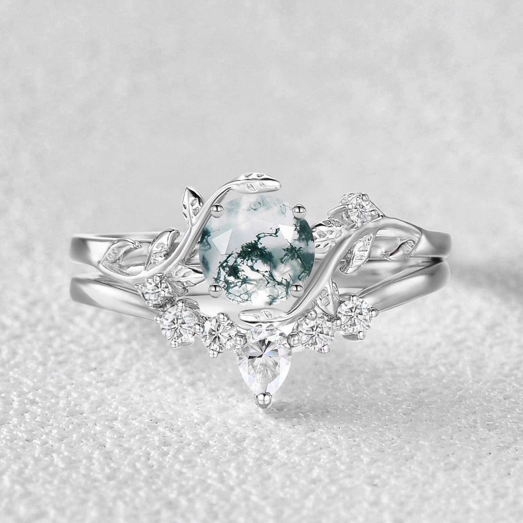 Unique Round Cut Moss Agate Leafy Bridal Ring Sets 2pcs - Willow Sculpted Accent Flat Shot