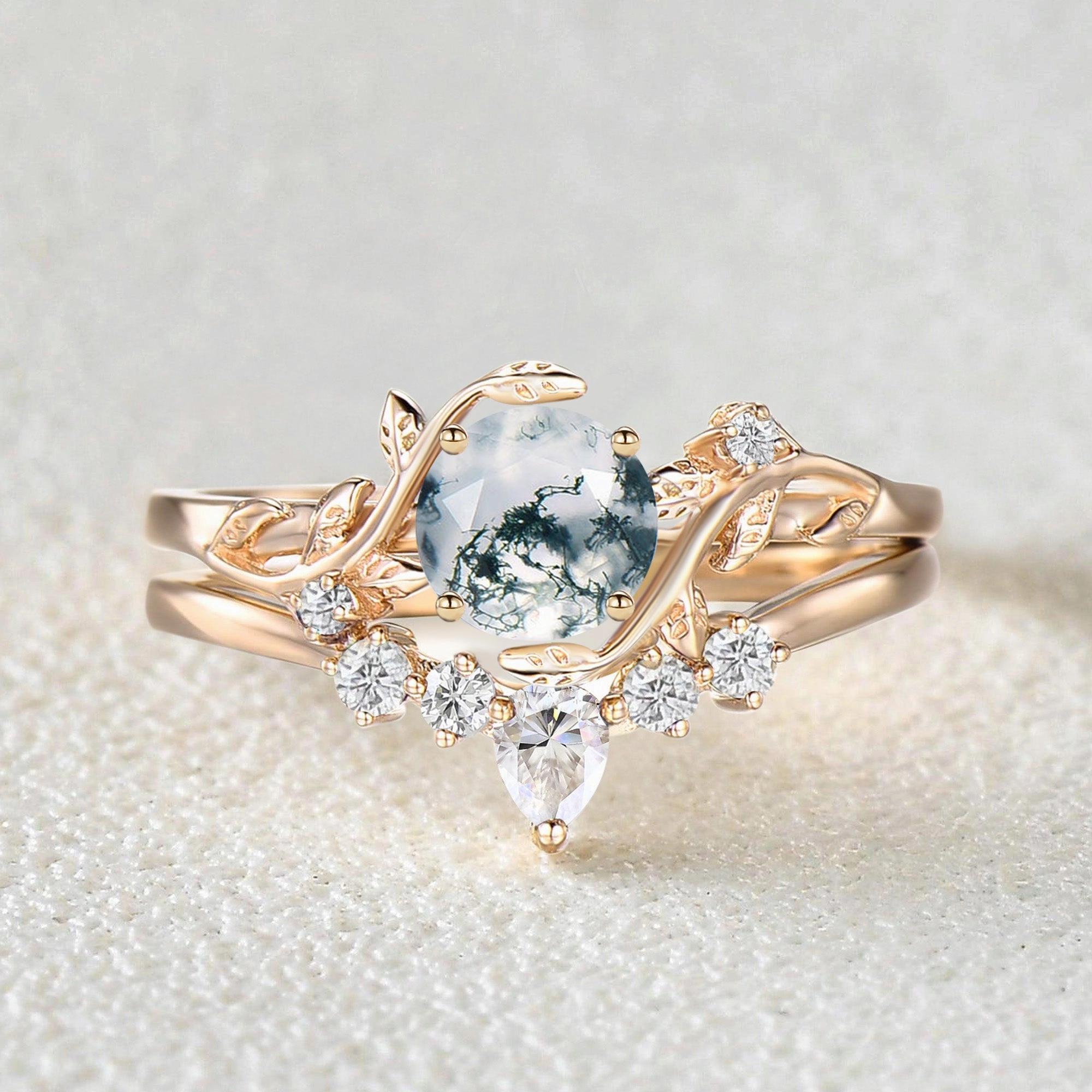 Unique Round Cut Moss Agate Leafy Bridal Ring Sets 2pcs - Willow Premium Piece Stunning Finish