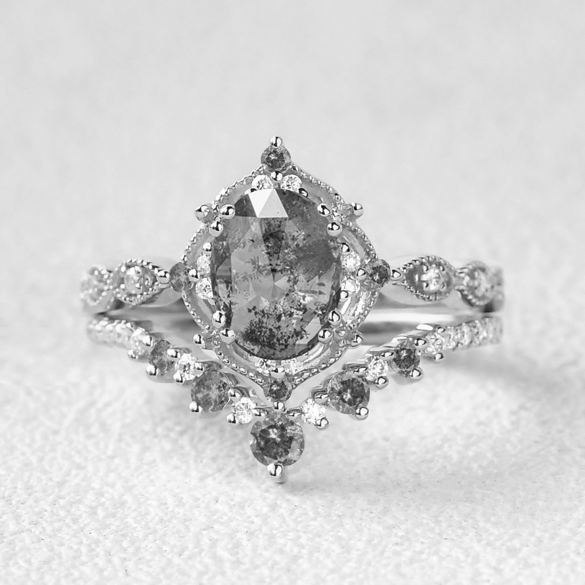 Unique Salt and Pepper Diamonds Engagement Ring Sets 2pcs - Charlotte Simple Beauty
