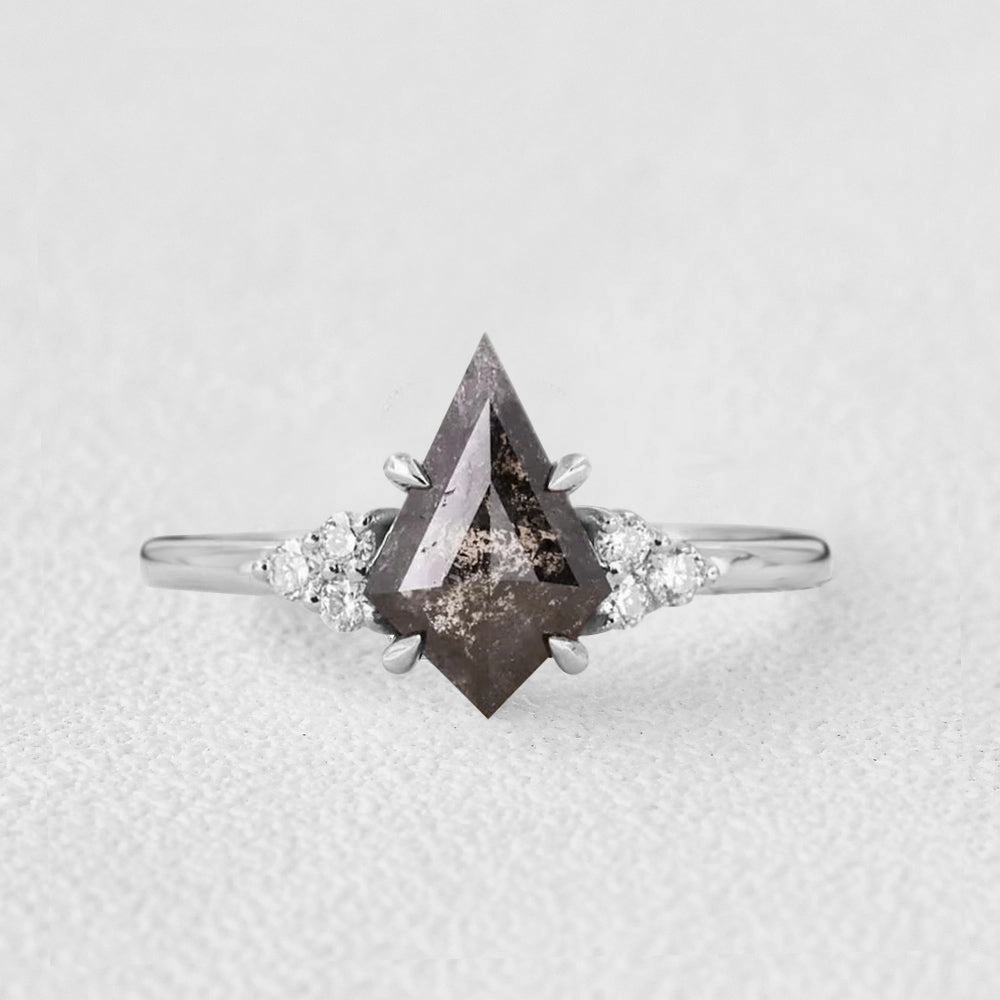 Distinctive Detail Unique Salt and Pepper Diamonds Kite Cut Engagement Ring