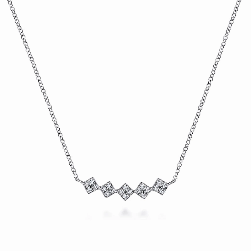 14K White Gold Square Station Diamond Pave Curved Bar Necklace Moonlight Mood Classic Jewelry