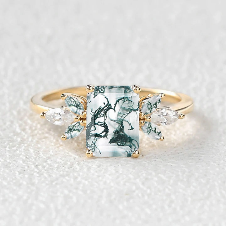 Emerald Cut Moss Agate Cluster Wing Engagement Ring - Flutter Elegant Radiance