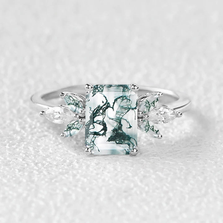 Glam Glow Emerald Cut Moss Agate Cluster Wing Engagement Ring - Flutter