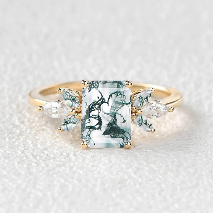 Modern Outfit Delicate Look Emerald Cut Moss Agate Cluster Wing Engagement Ring - Flutter