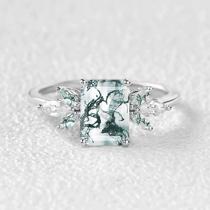 Emerald Cut Moss Agate Cluster Wing Engagement Ring - Flutter Creative Style