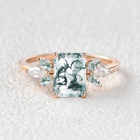 Emerald Cut Moss Agate Cluster Wing Engagement Ring - Flutter Precious Gifts