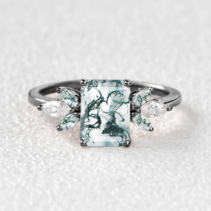 Occasion Wear Emerald Cut Moss Agate Cluster Wing Engagement Ring - Flutter
