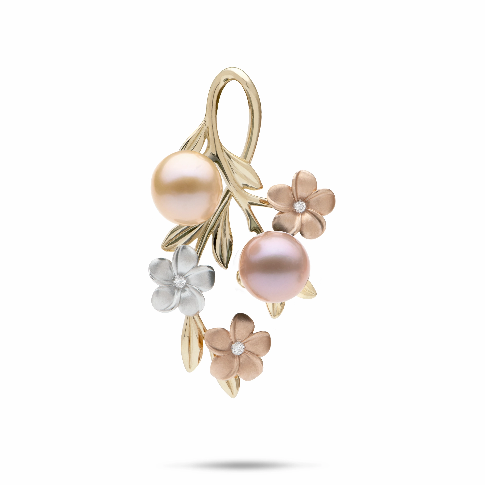Pearls in Bloom Plumeria Freshwater Pearl Pendant in Tri Color Gold with Diamonds - 36mm Ornate Accent Soft Match