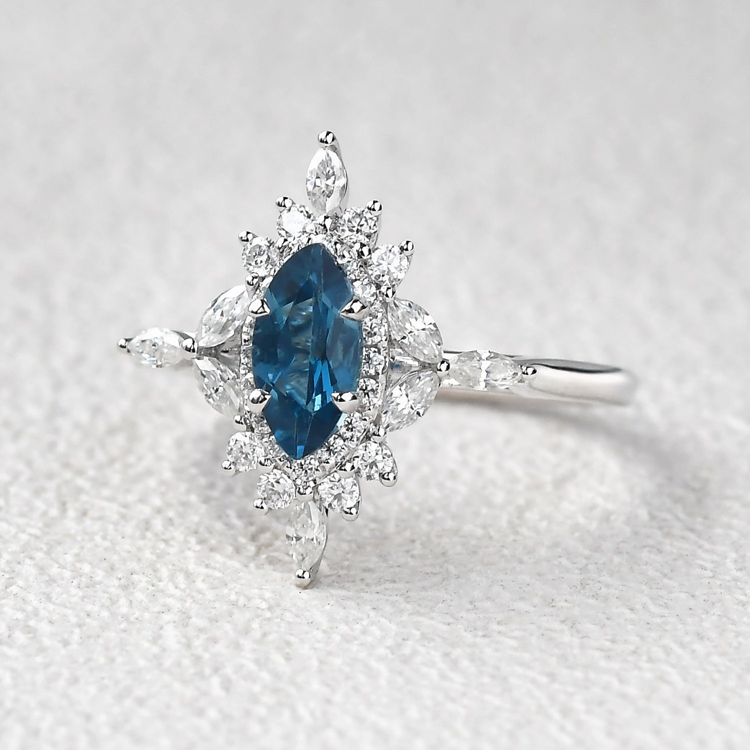 1.0ct Marquise Cut London Blue Topaz Cluster Vintage Ring Chic Accent Luxury Sign