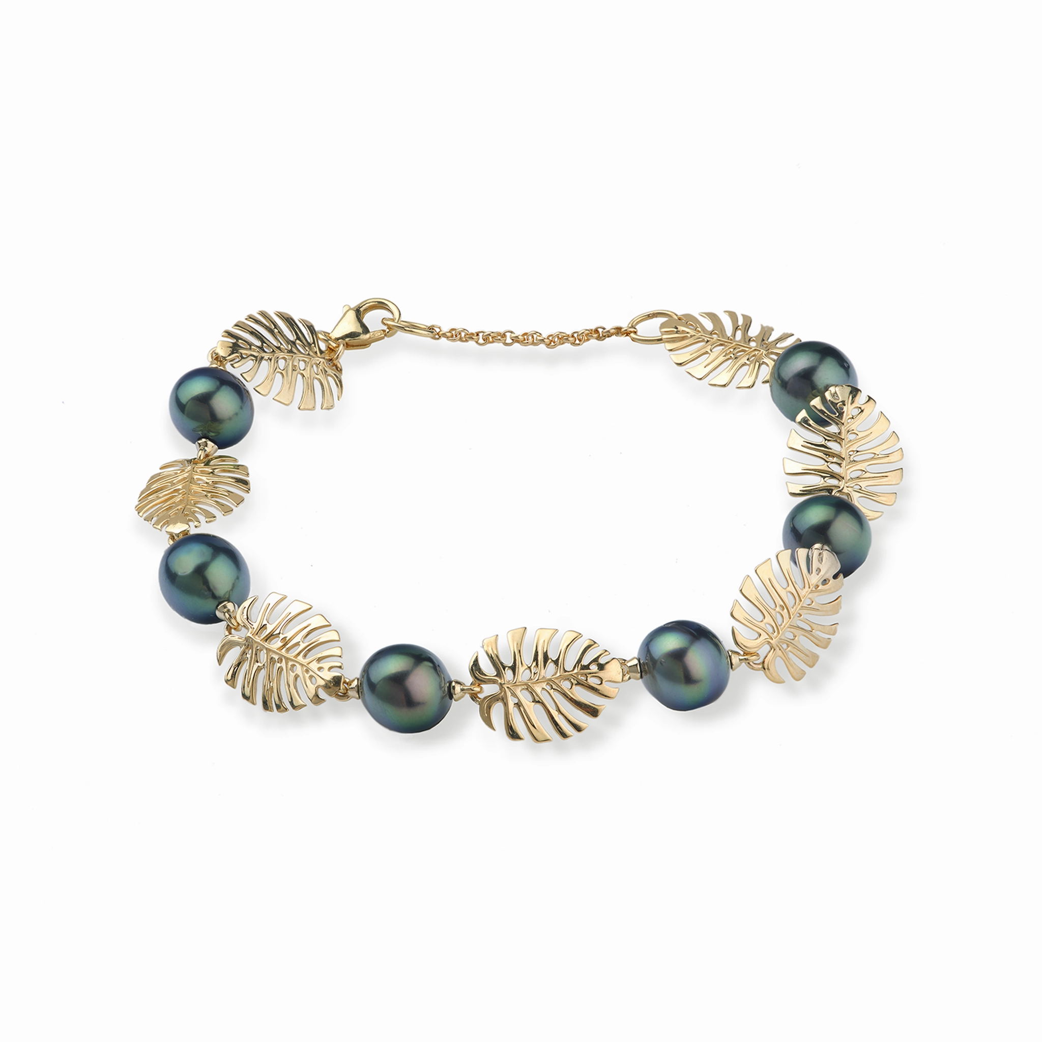 7.5-8.5" Adjustable Monstera Tahitian Black Pearl Bracelet in Gold - 8-9mm Timeless Look Design