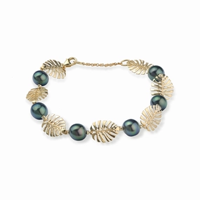 7.5-8.5" Adjustable Monstera Tahitian Black Pearl Bracelet in Gold - 8-9mm Everyday Pieces