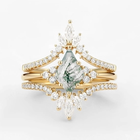 understated look Unique Women Kite Cut Moss Agate Engagement Ring Set 3pcs