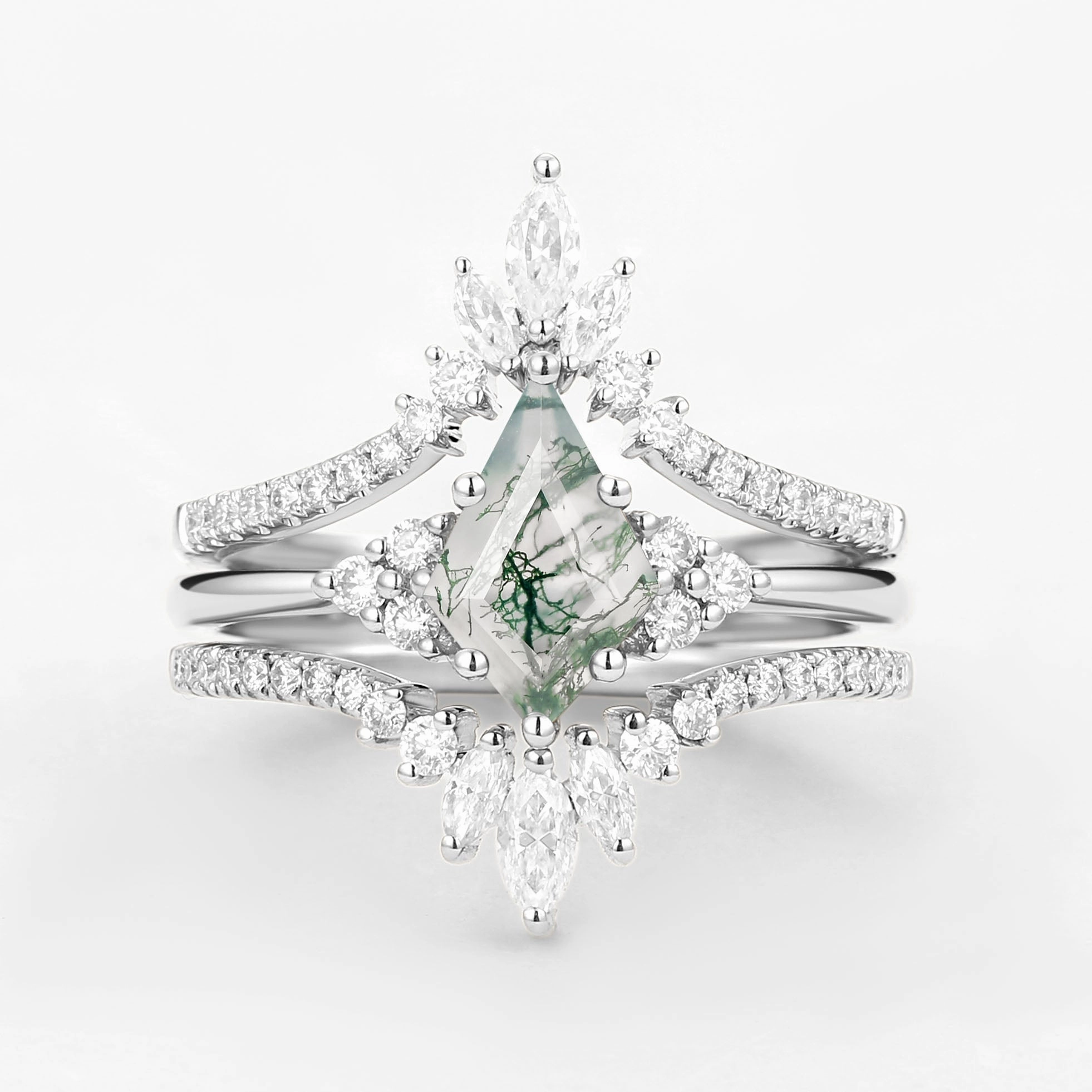 Value Ornament Compact Fit Unique Women Kite Cut Moss Agate Engagement Ring Set 3pcs