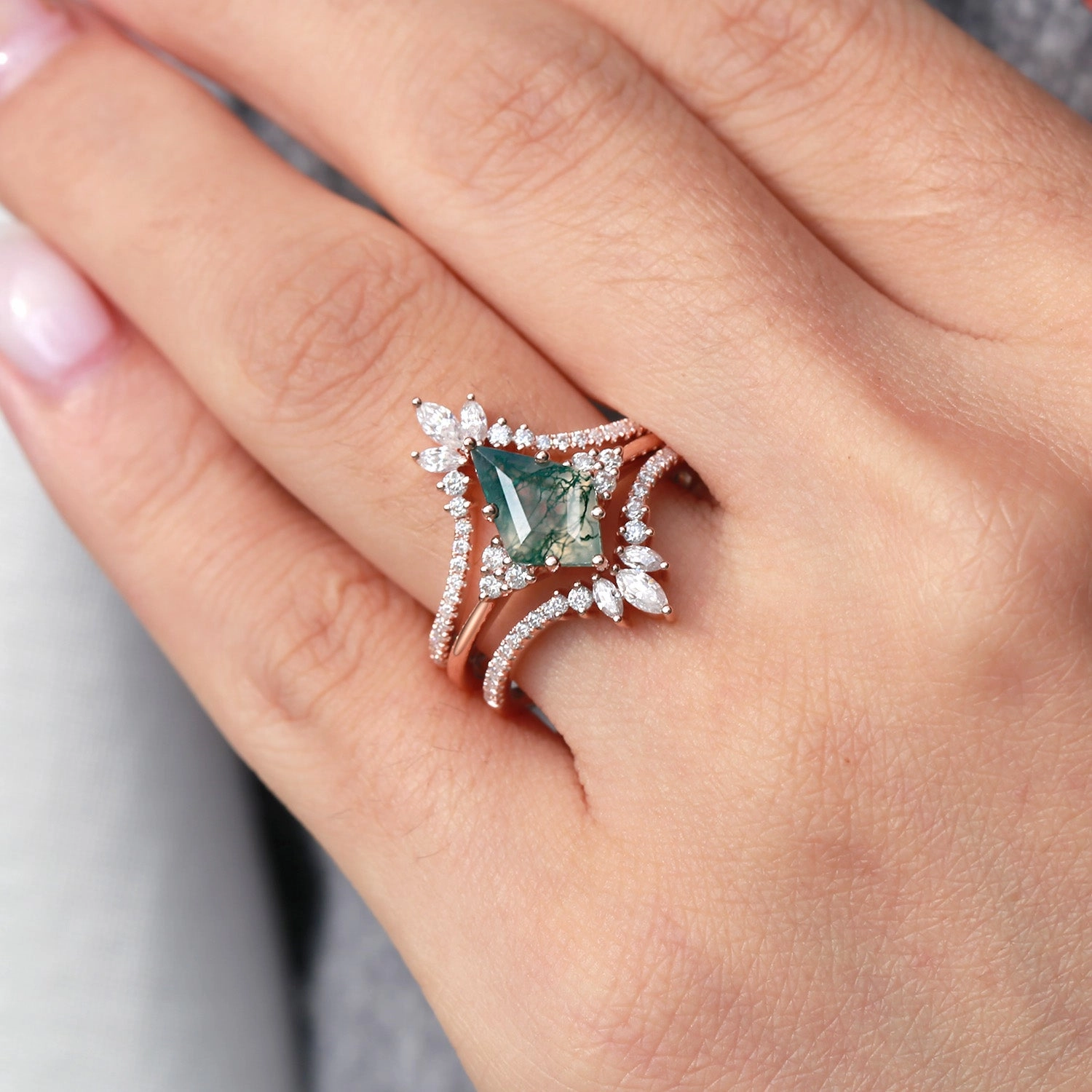 Unique Women Kite Cut Moss Agate Engagement Ring Set 3pcs Casual Chic