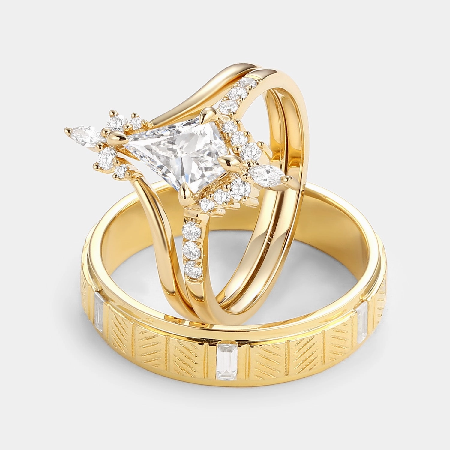 Investment Jewelry Chic Adornment Uniqueness Moissanite Curved Engagement Couple Ring Set 3pcs  - Starla