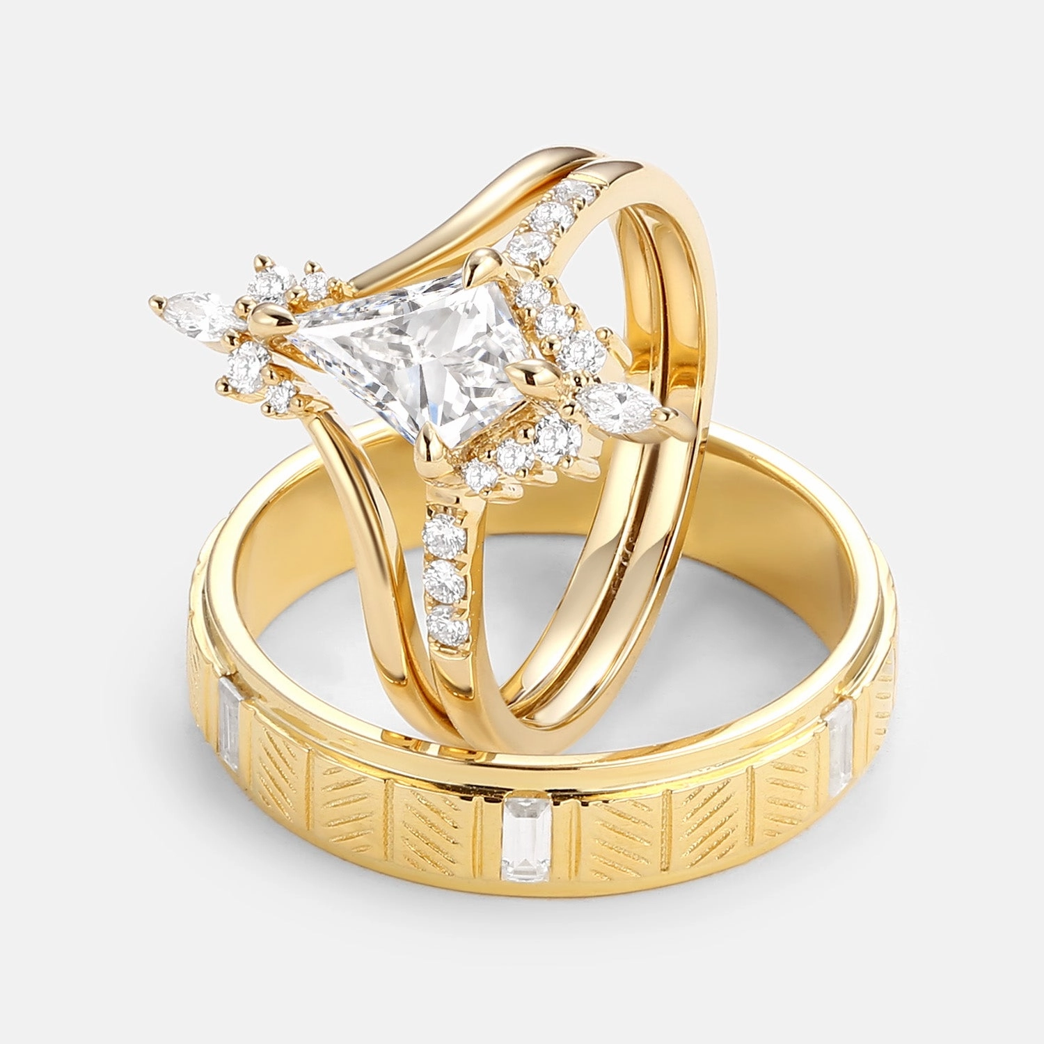 Glistening Look Uniqueness Moissanite Curved Engagement Couple Ring Set 3pcs  - Starla