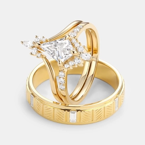 Glistening Look Uniqueness Moissanite Curved Engagement Couple Ring Set 3pcs  - Starla