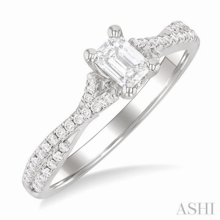1/2 Ctw Criss Cross Shank Round Cut Diamond Engagement Ring With 1/3 Ct Emerald Cut Diamond Center Stone in 14K White Gold Youth Present Timeless Design