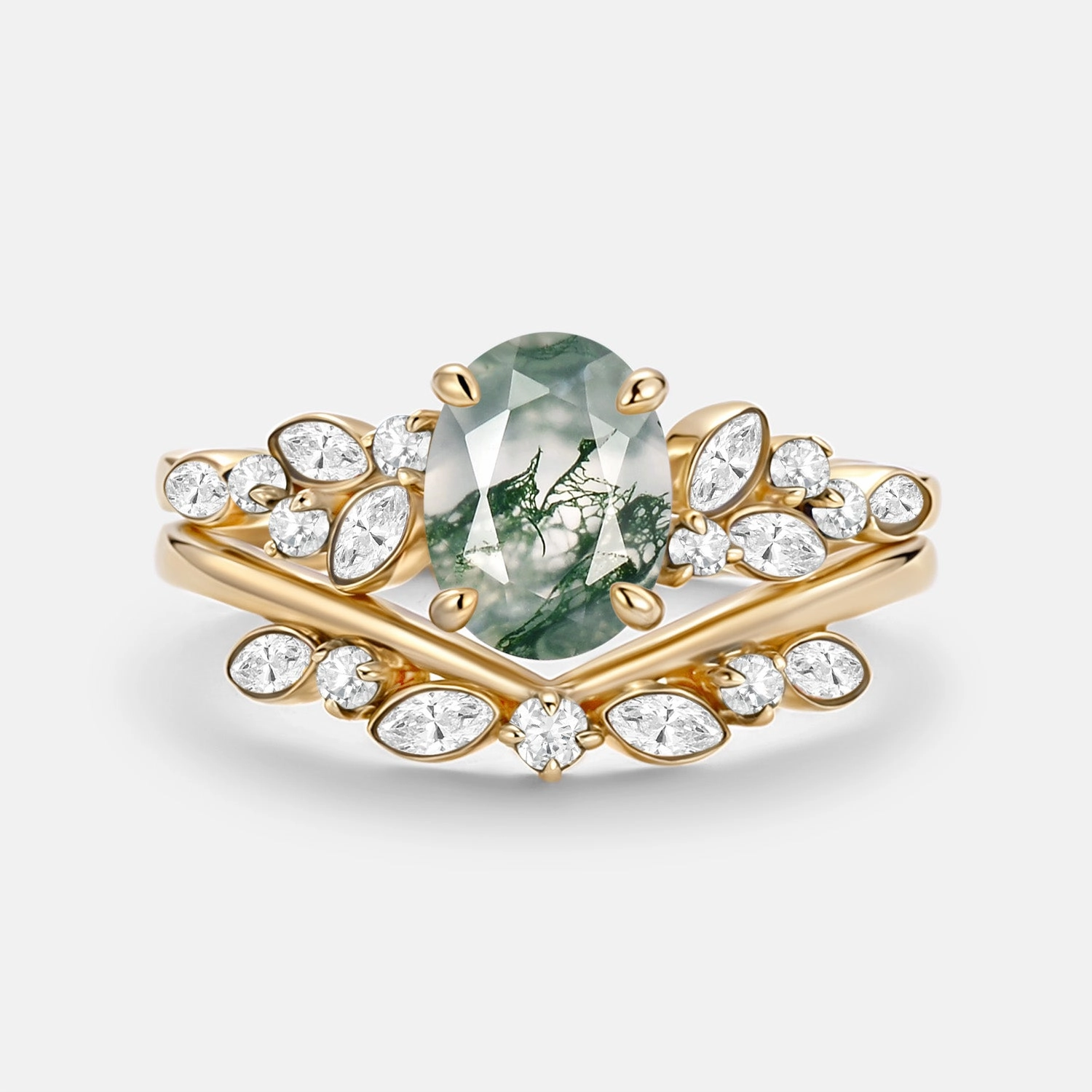 Oval Cut Moss Agate & Moissanite Engagement Ring Set 2pcs - Ember Casual Expression