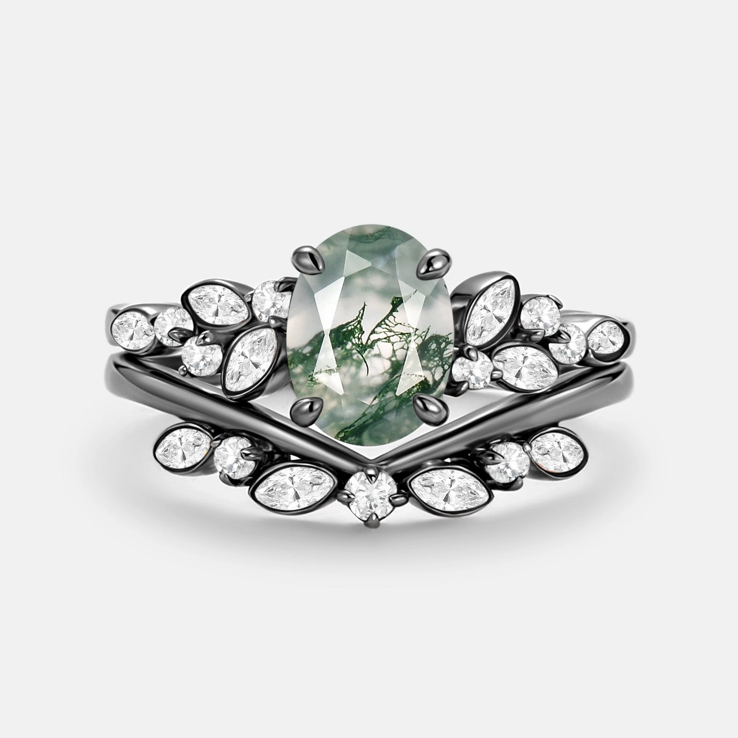 Handcrafted Design Graceful Balance Oval Cut Moss Agate & Moissanite Engagement Ring Set 2pcs - Ember