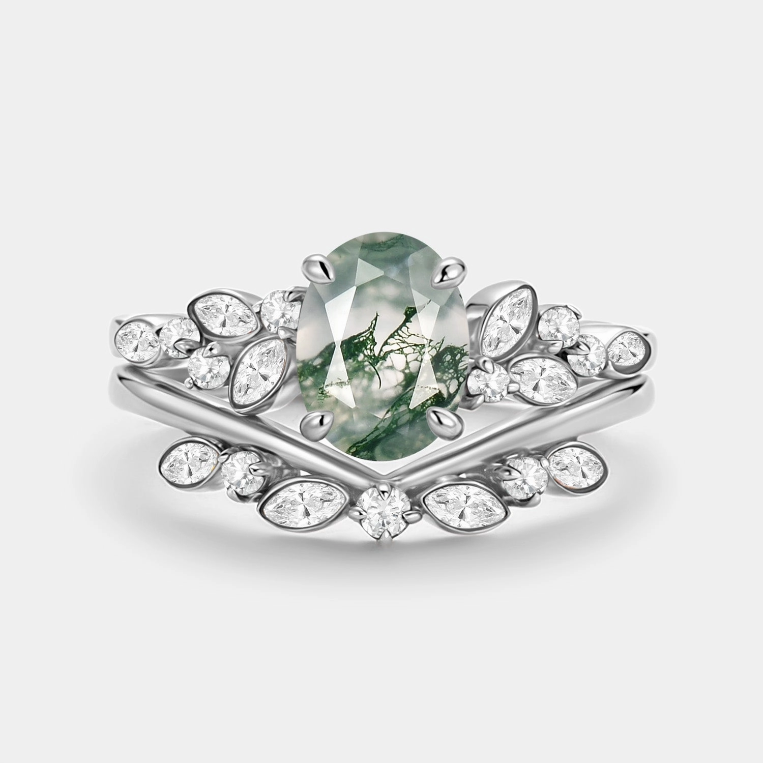 Oval Cut Moss Agate & Moissanite Engagement Ring Set 2pcs - Ember holiday season