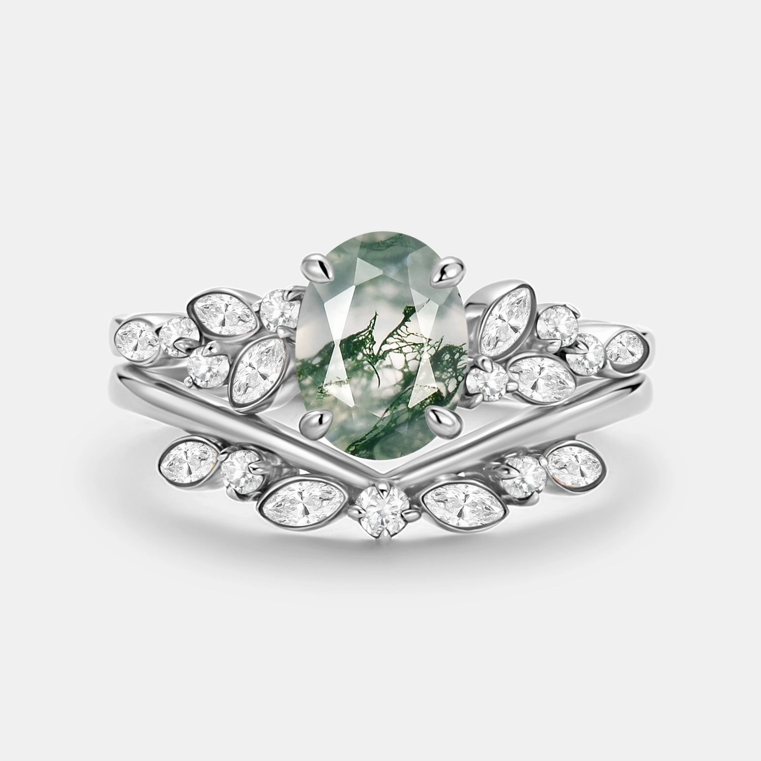 Precious Jewelry Pieces Oval Cut Moss Agate & Moissanite Engagement Ring Set 2pcs - Ember