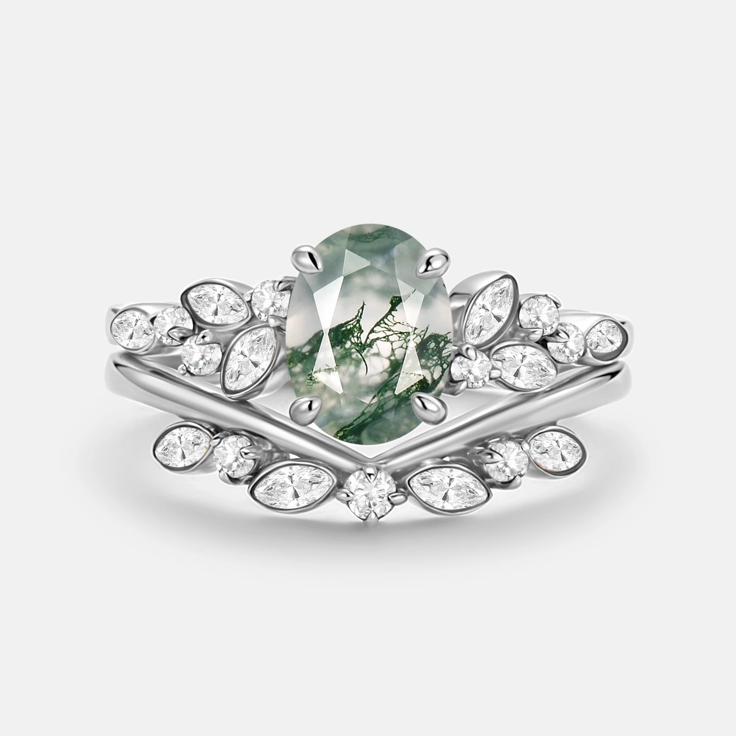 Oval Cut Moss Agate & Moissanite Engagement Ring Set 2pcs - Ember Modern Symbol