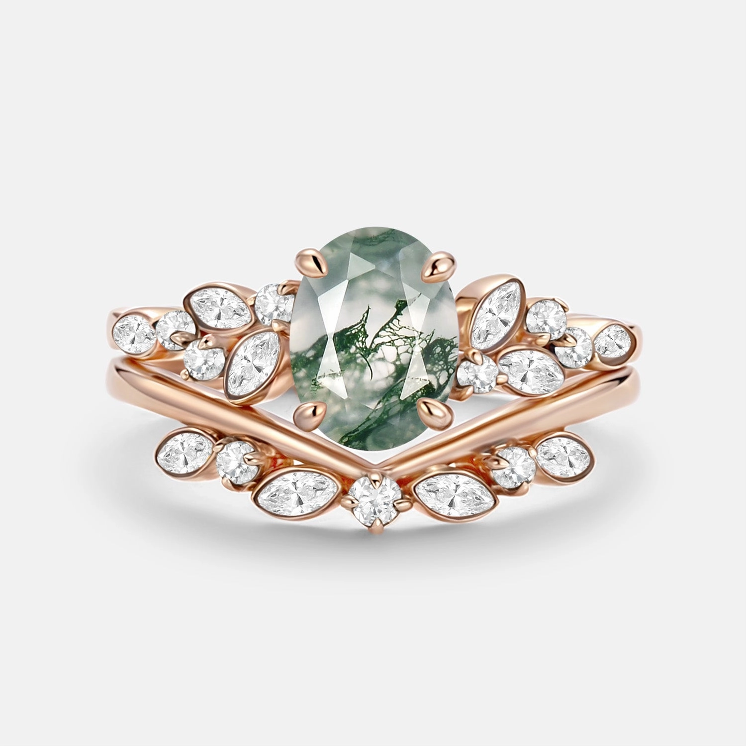 Practical Design Oval Cut Moss Agate & Moissanite Engagement Ring Set 2pcs - Ember
