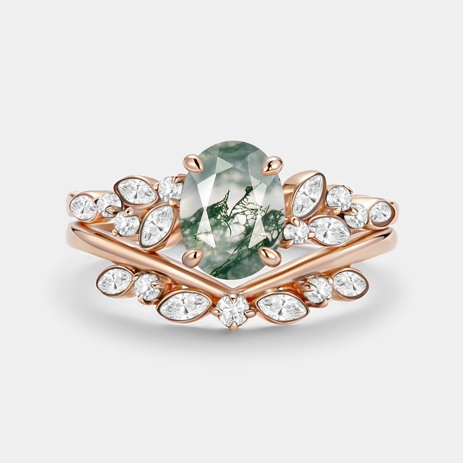 On The Go Oval Cut Moss Agate & Moissanite Engagement Ring Set 2pcs - Ember