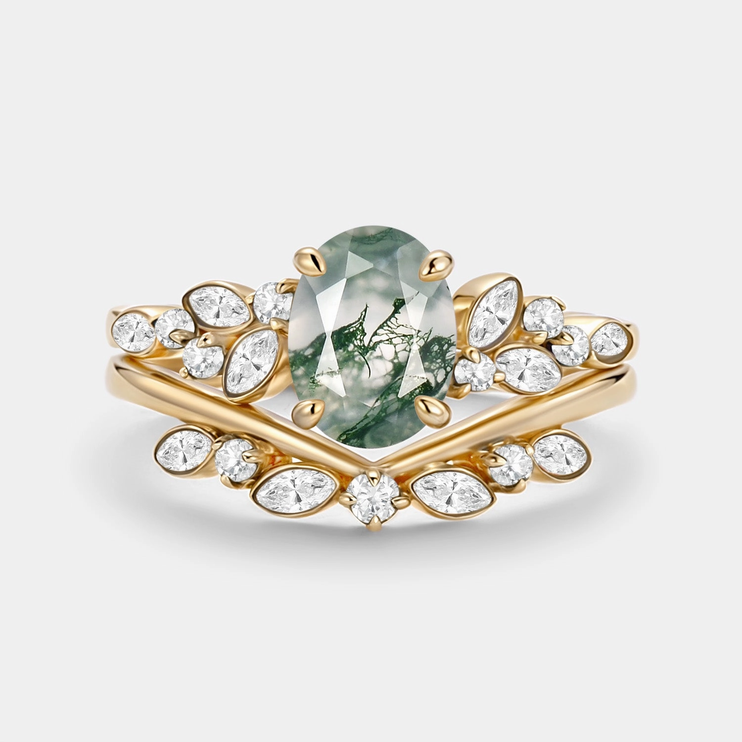 Daily Structure Beautiful Item Oval Cut Moss Agate & Moissanite Engagement Ring Set 2pcs - Ember