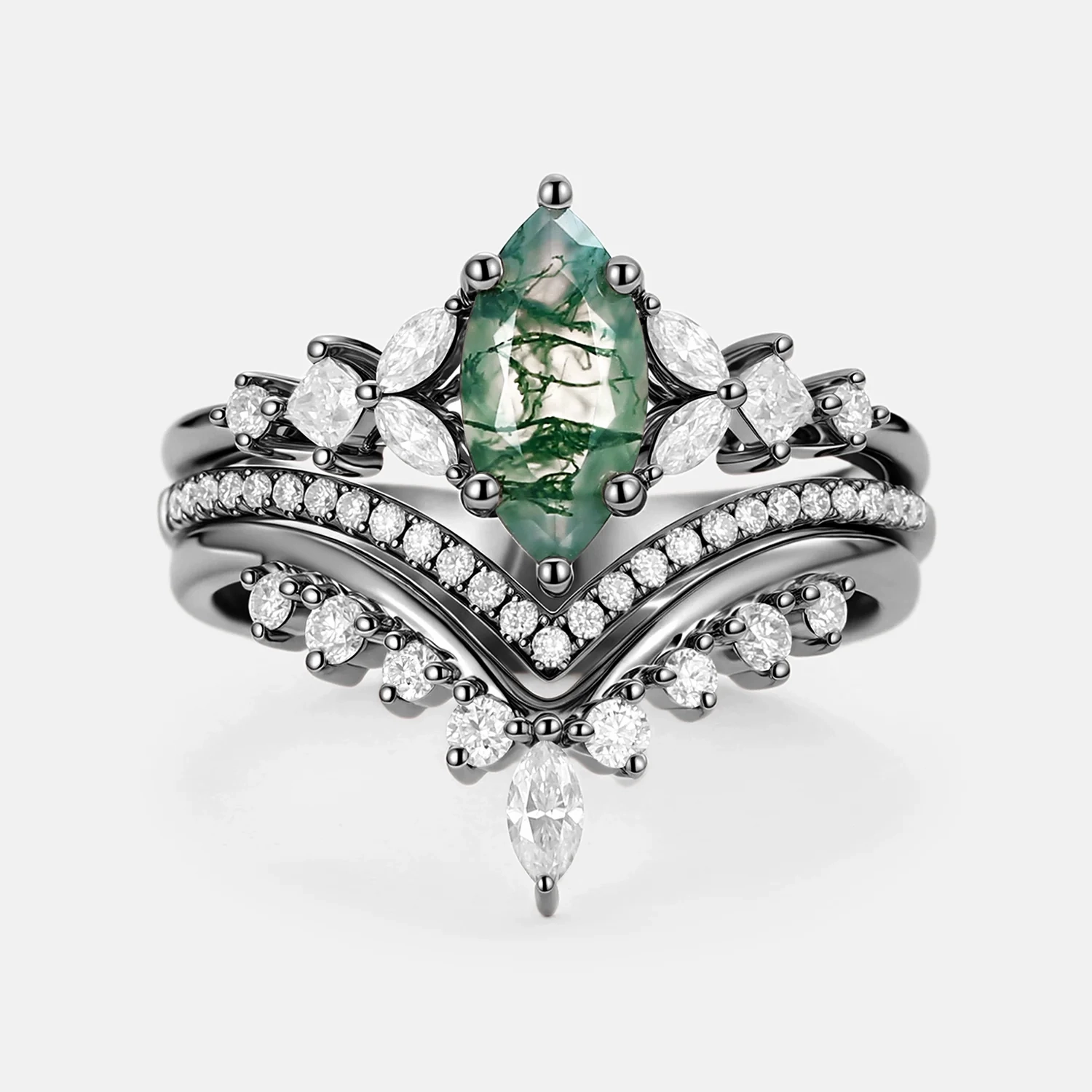 Exclusive Sparkle Black Gold Marquise Moss Agate Engagement Ring Set 3pcs