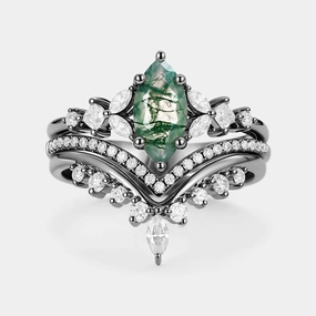 Exclusive Sparkle Black Gold Marquise Moss Agate Engagement Ring Set 3pcs